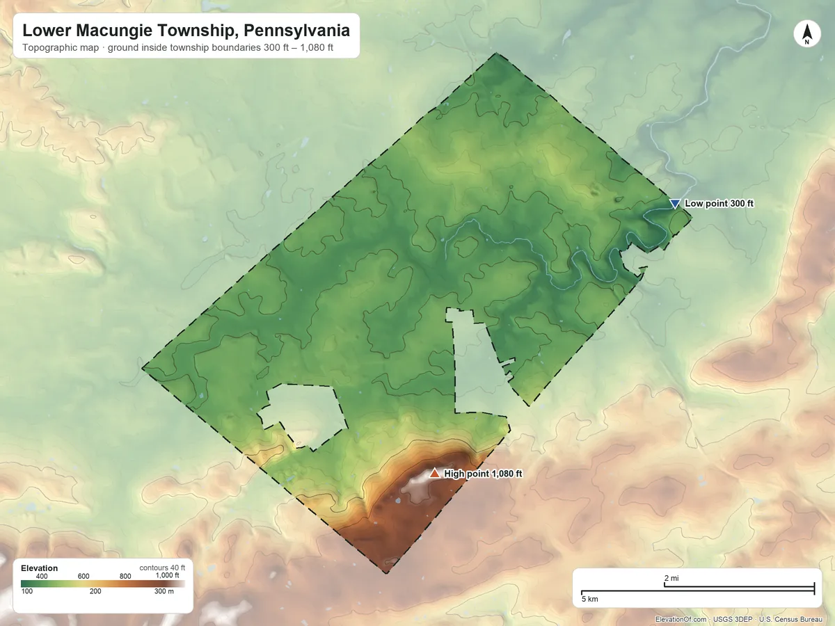 Topographic elevation map of Lower Macungie Township, Pennsylvania, shaded from 300 ft on the east side to 1,080 ft on the south side