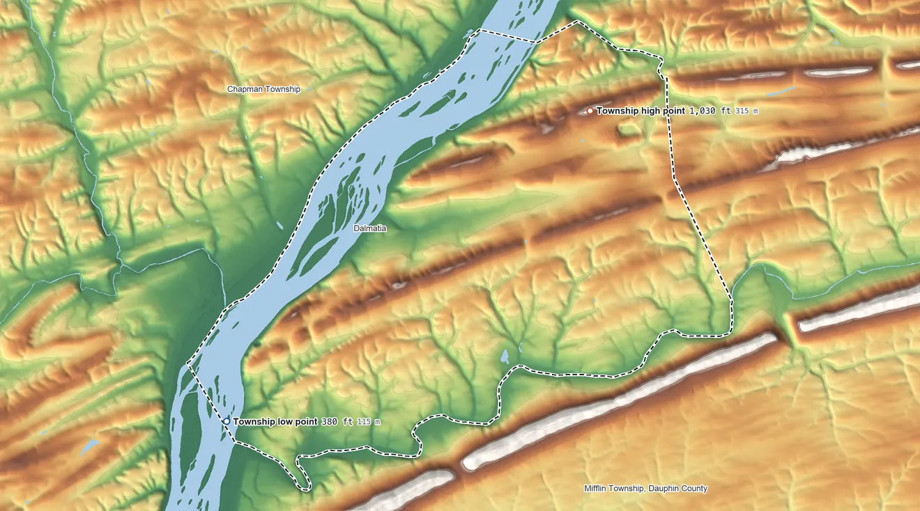 Topographic elevation map of Lower Mahanoy Township, Pennsylvania, shaded from 380 ft on the southwest side to 1,030 ft on the northeast side