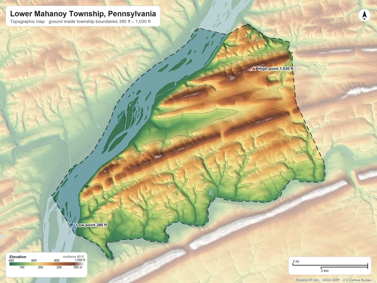 Topographic elevation map of Lower Mahanoy Township, Pennsylvania, shaded from 380 ft on the southwest side to 1,030 ft on the northeast side