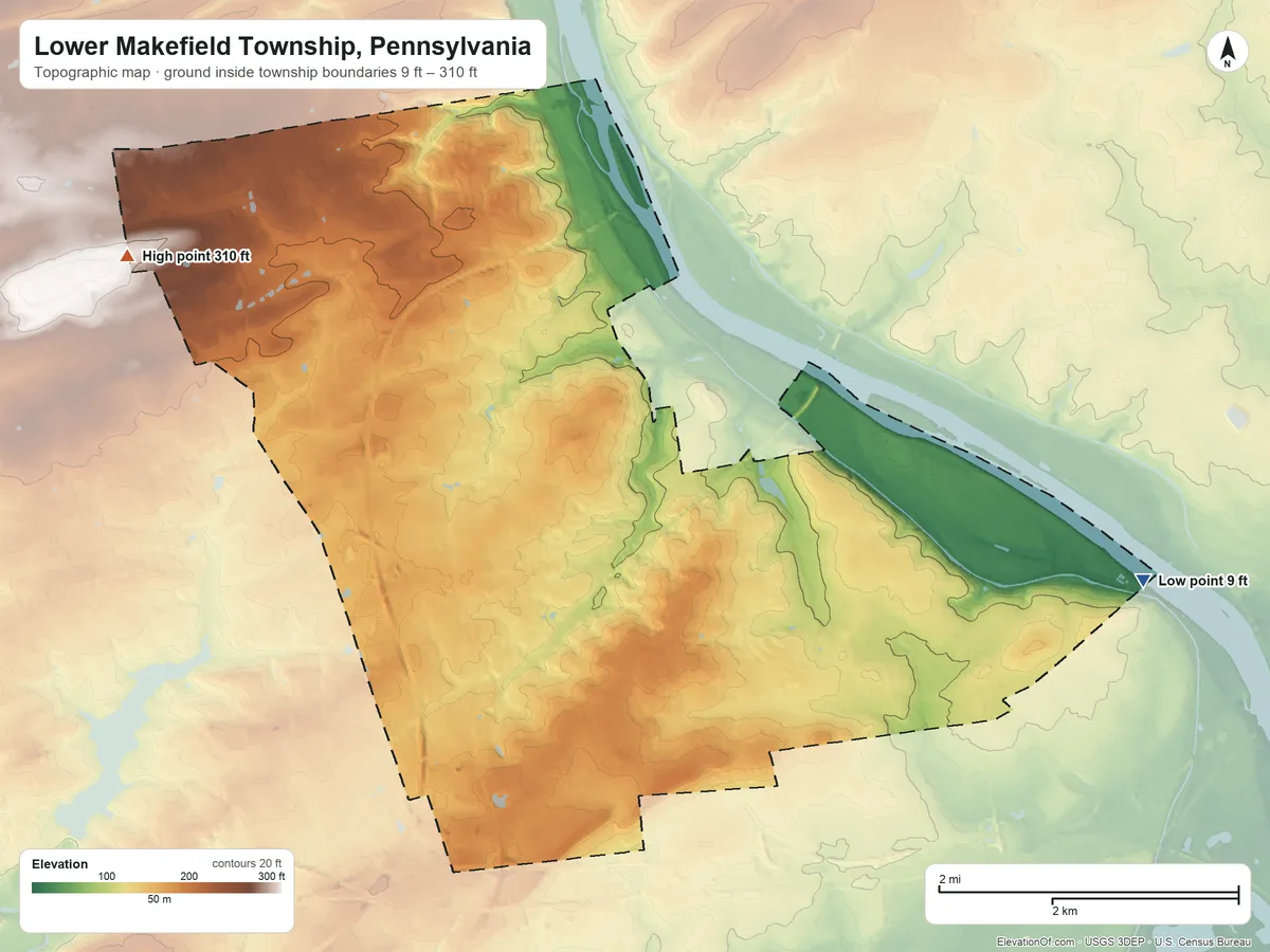 Topographic elevation map of Lower Makefield Township, Pennsylvania, shaded from 9 ft on the east side to 310 ft on the northwest side