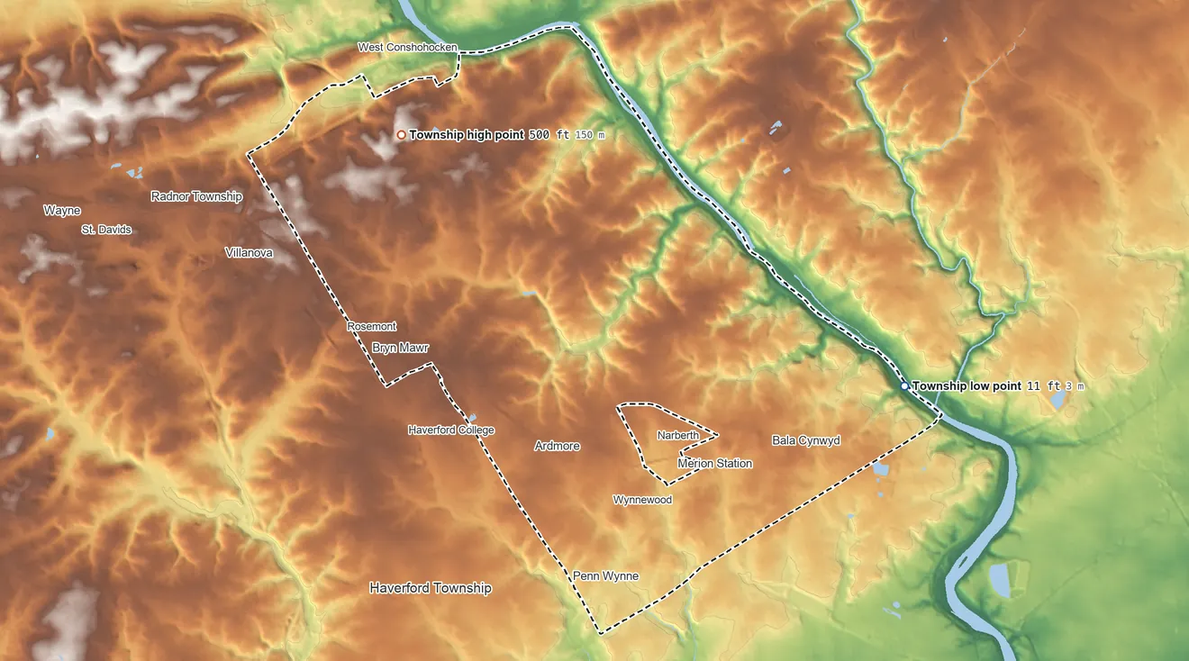 Topographic elevation map of Lower Merion Township, Pennsylvania, shaded from 11 ft on the east side to 500 ft on the northwest side