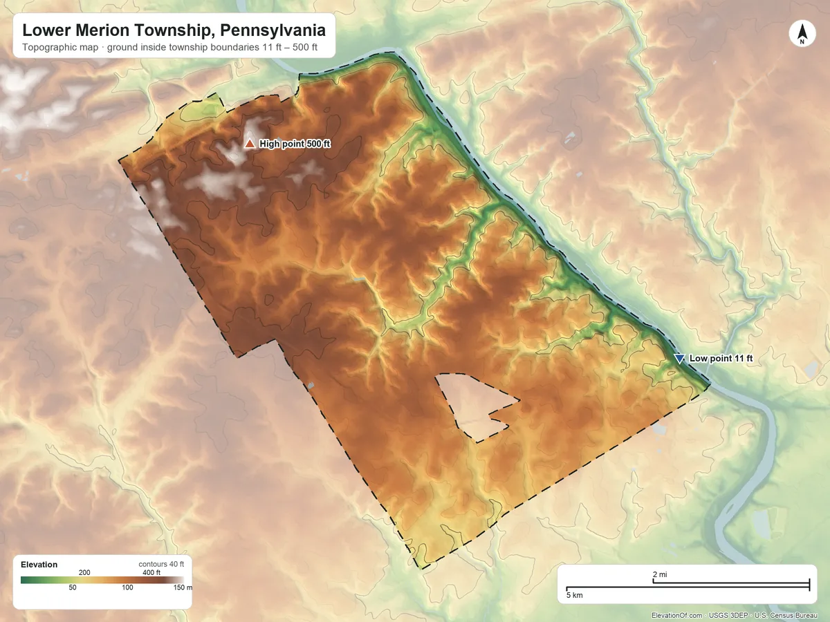 Topographic elevation map of Lower Merion Township, Pennsylvania, shaded from 11 ft on the east side to 500 ft on the northwest side