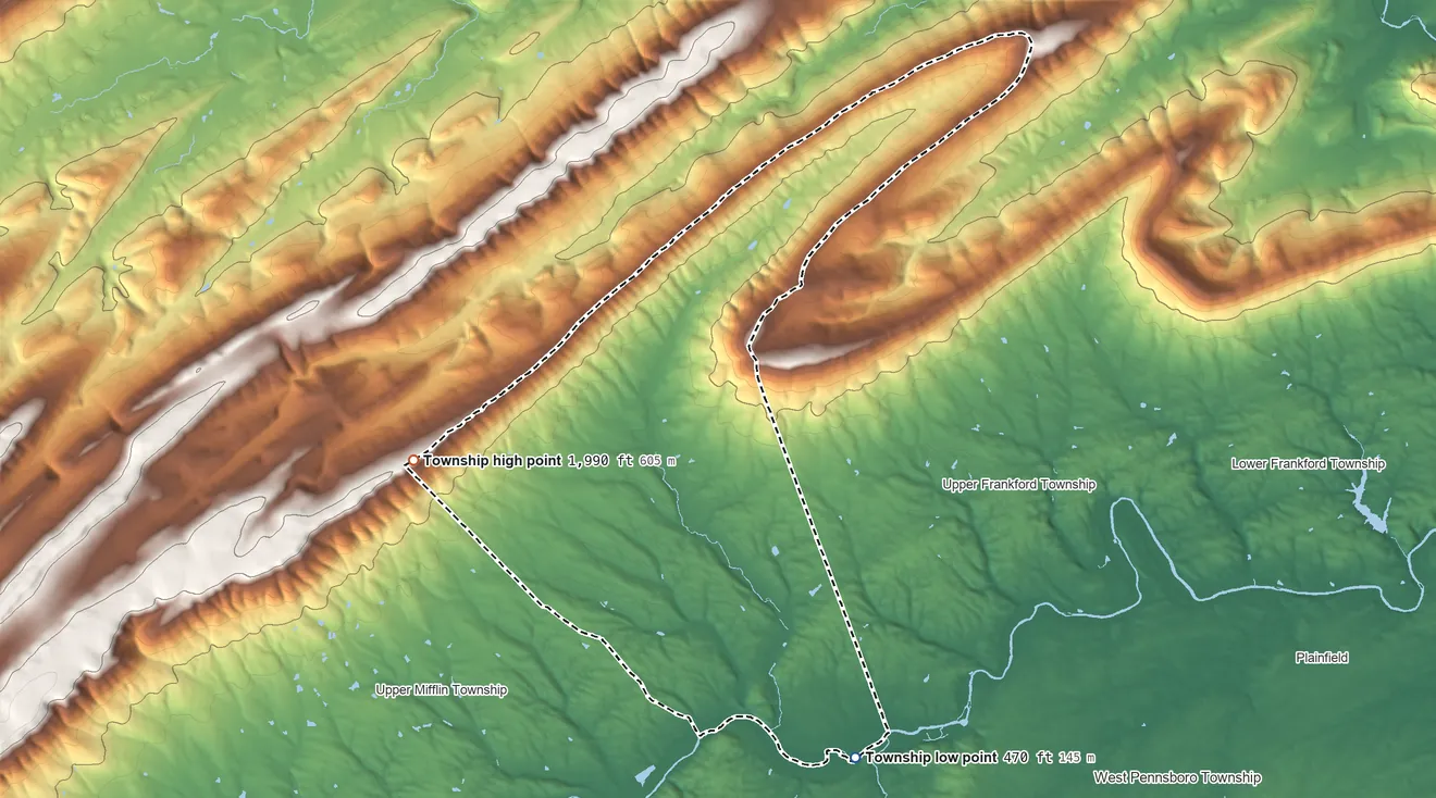 Topographic elevation map of Lower Mifflin Township, Pennsylvania, shaded from 470 ft on the southeast side to 1,990 ft on the west side