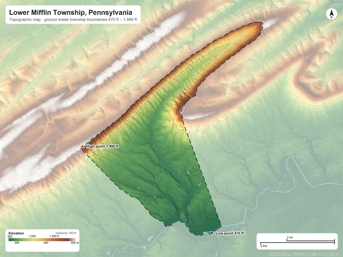 Topographic elevation map of Lower Mifflin Township, Pennsylvania, shaded from 470 ft on the southeast side to 1,990 ft on the west side