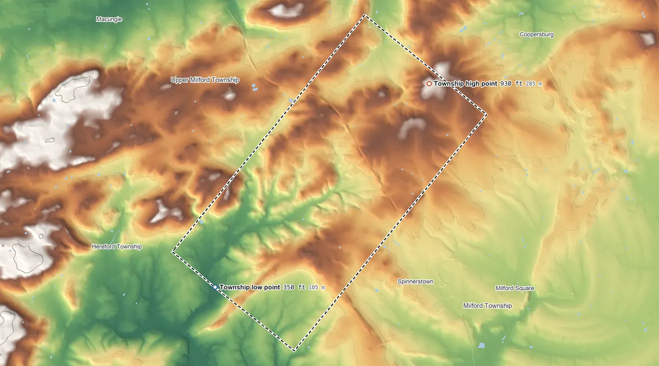 Topographic elevation map of Lower Milford Township, Pennsylvania, shaded from 350 ft on the southwest side to 930 ft on Beverly Hills