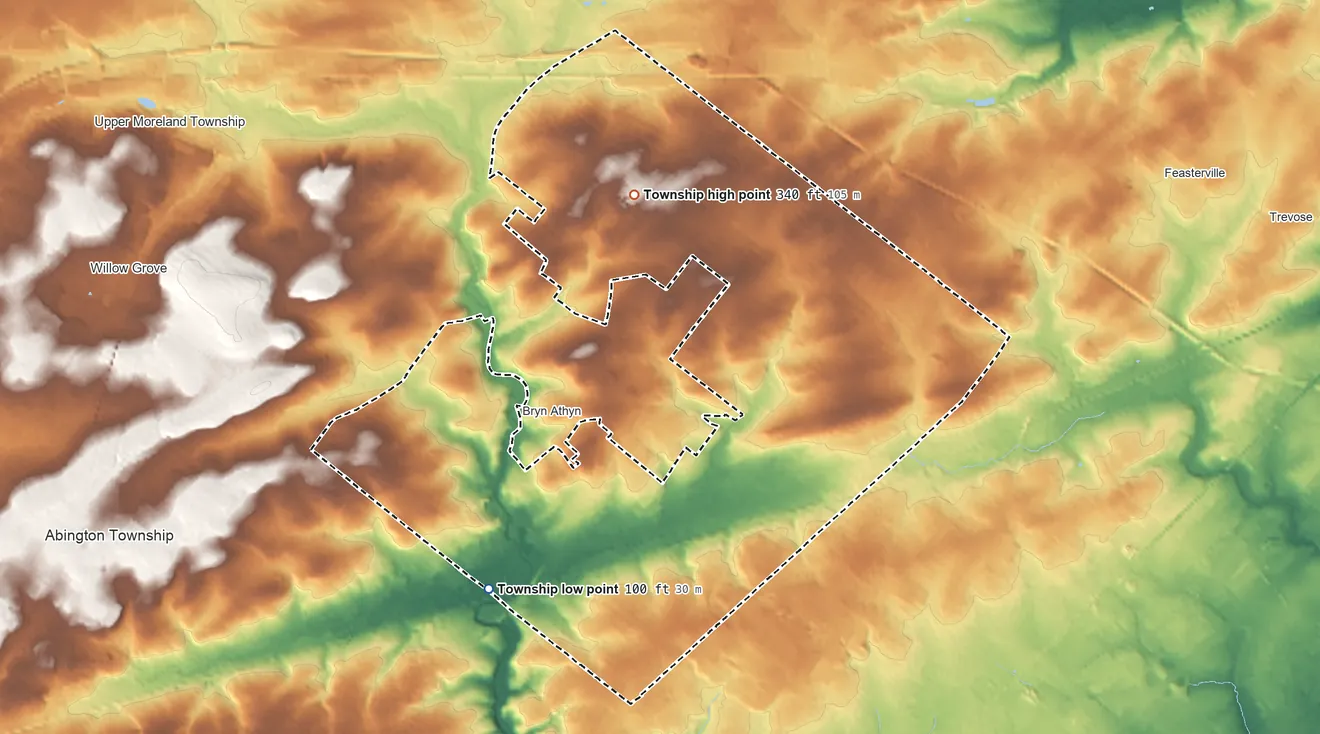 Topographic elevation map of Lower Moreland Township, Pennsylvania, shaded from 100 ft on the southwest side to 340 ft on the northwest side