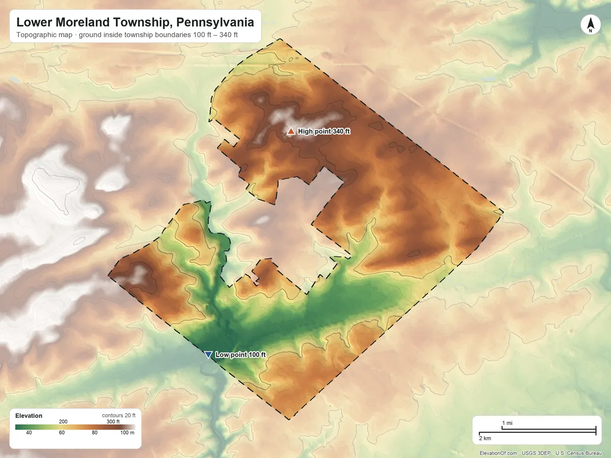 Topographic elevation map of Lower Moreland Township, Pennsylvania, shaded from 100 ft on the southwest side to 340 ft on the northwest side