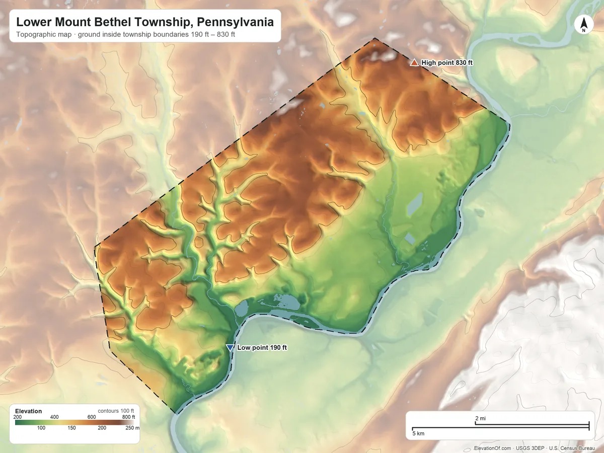 Topographic elevation map of Lower Mount Bethel Township, Pennsylvania, shaded from 190 ft on the southwest side to 830 ft on the northeast side