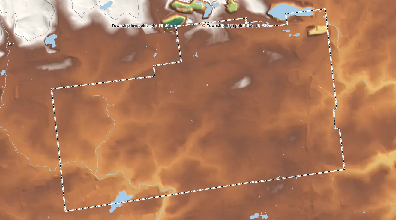 Topographic elevation map of Lower Nazareth Township, Pennsylvania, shaded from 140 ft on the north side to 480 ft on the north side