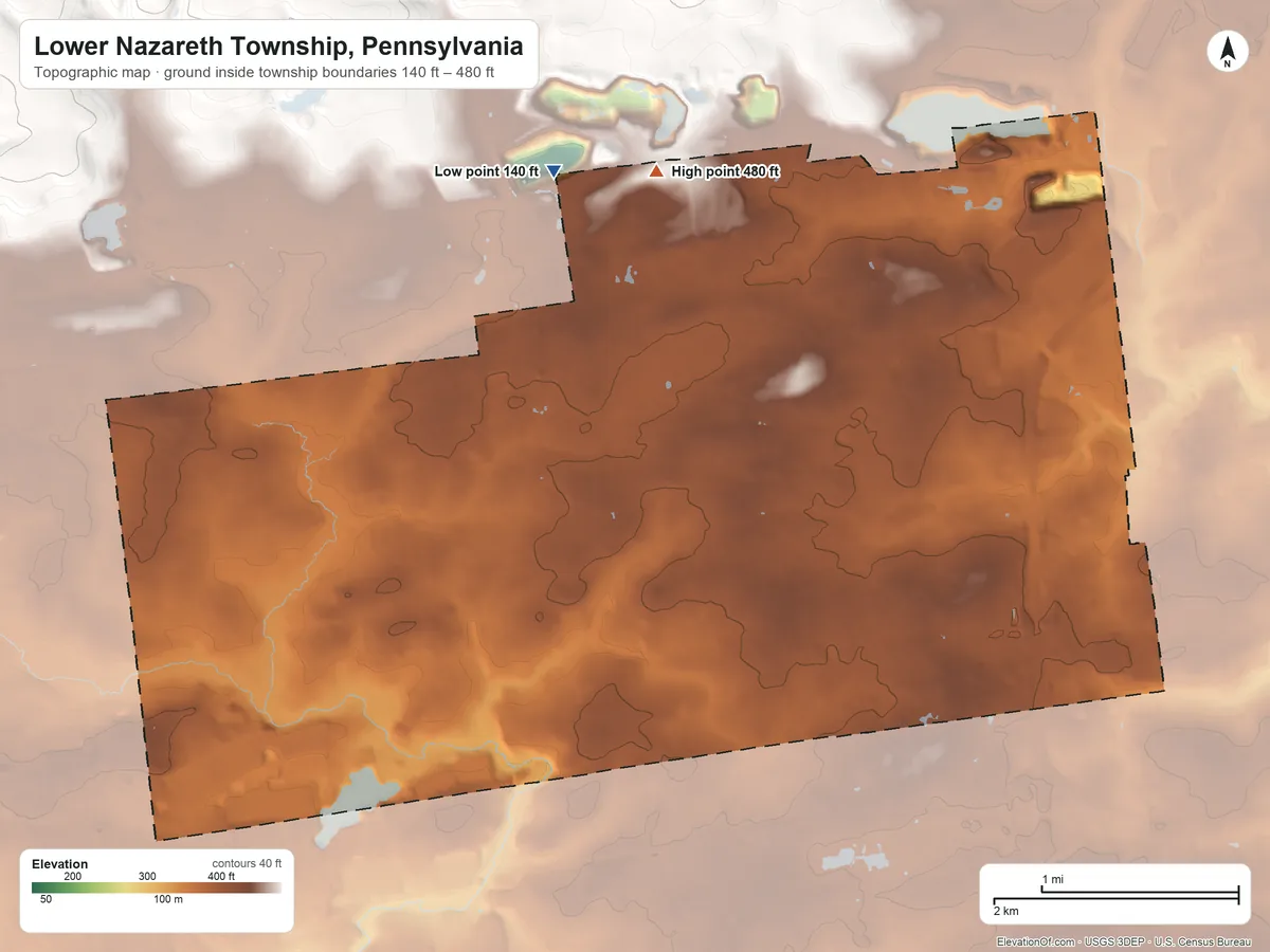 Topographic elevation map of Lower Nazareth Township, Pennsylvania, shaded from 140 ft on the north side to 480 ft on the north side