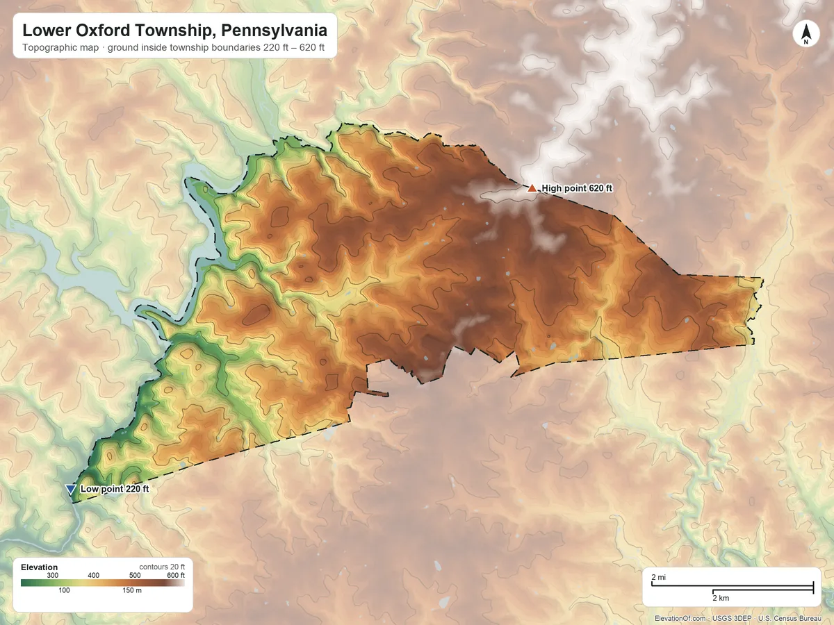 Topographic elevation map of Lower Oxford Township, Pennsylvania, shaded from 220 ft on the west side to 620 ft on the north side