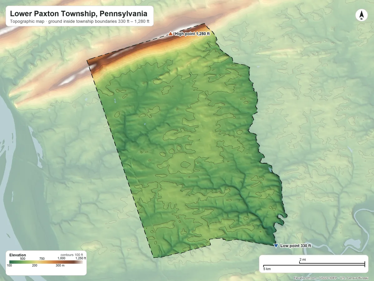 Topographic elevation map of Lower Paxton Township, Pennsylvania, shaded from 330 ft on the southeast side to 1,280 ft on the north side