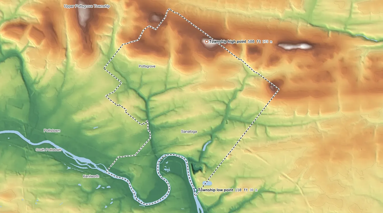 Topographic elevation map of Lower Pottsgrove Township, Pennsylvania, shaded from 110 ft on the south side to 580 ft on the north side