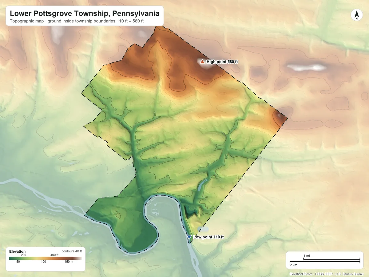 Topographic elevation map of Lower Pottsgrove Township, Pennsylvania, shaded from 110 ft on the south side to 580 ft on the north side