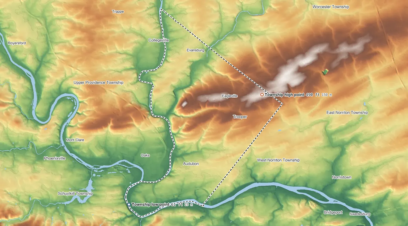 Topographic elevation map of Lower Providence Township, Pennsylvania, shaded from 61 ft on the southwest side to 490 ft on the northeast side