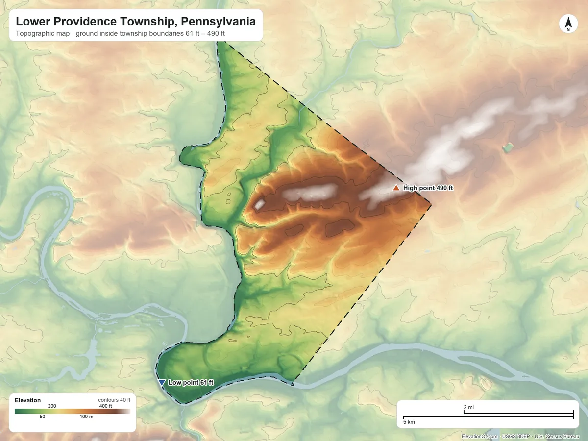 Topographic elevation map of Lower Providence Township, Pennsylvania, shaded from 61 ft on the southwest side to 490 ft on the northeast side