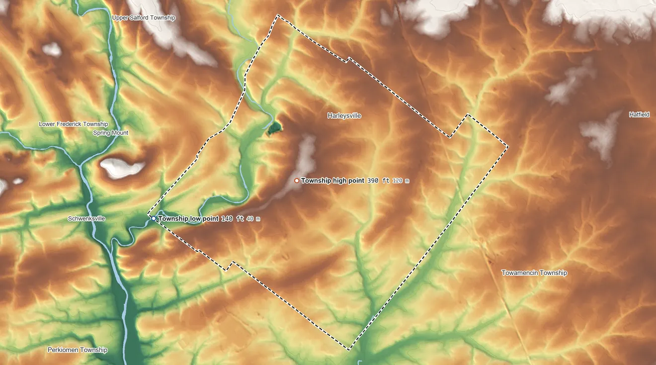 Topographic elevation map of Lower Salford Township, Pennsylvania, shaded from 140 ft on the west side to 390 ft near the middle