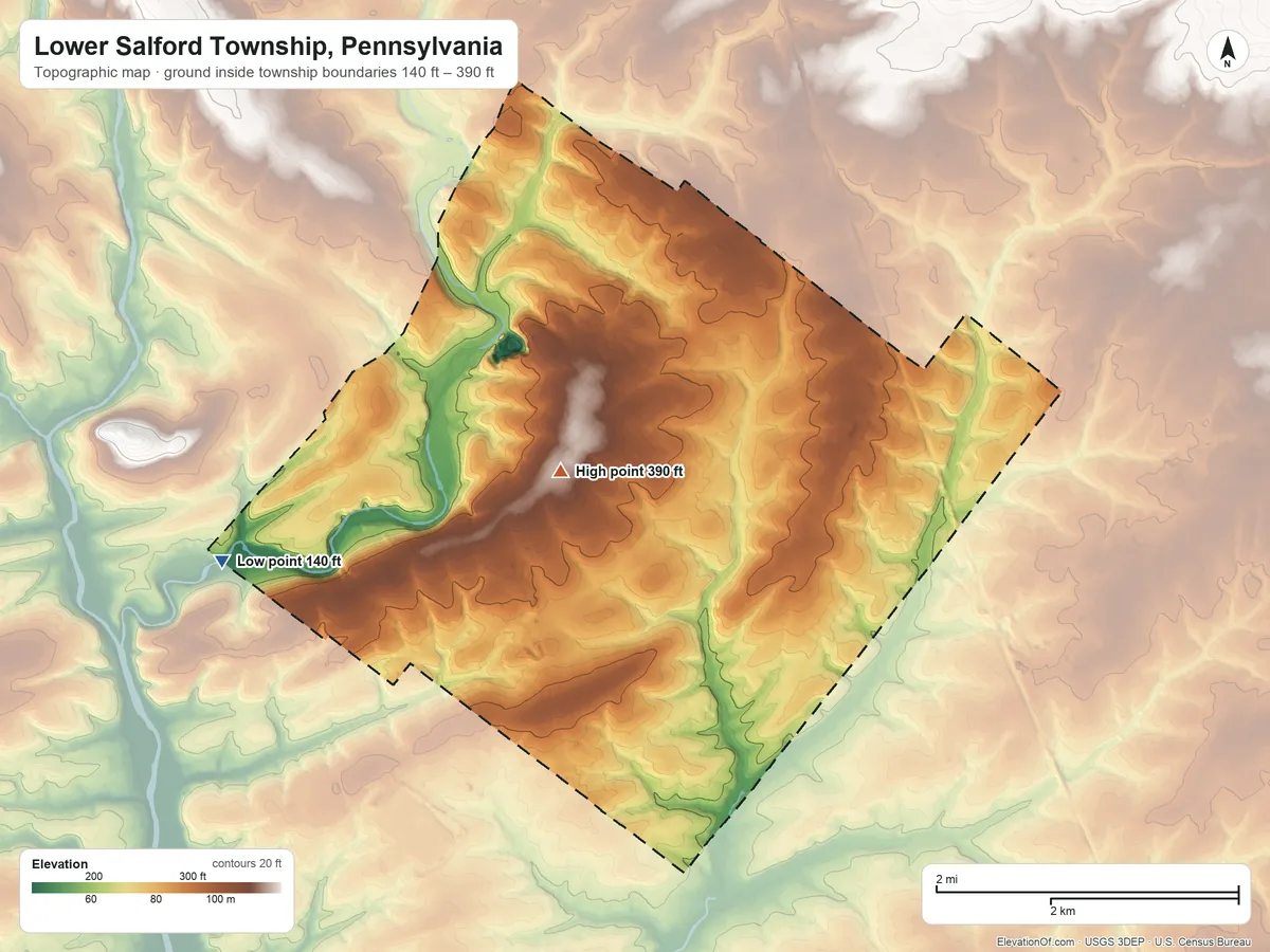 Topographic elevation map of Lower Salford Township, Pennsylvania, shaded from 140 ft on the west side to 390 ft near the middle