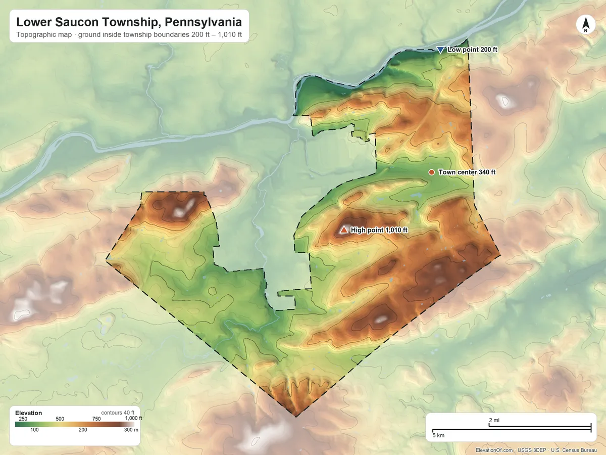 Topographic elevation map of Lower Saucon Township, Pennsylvania, shaded from 200 ft on the north side to 1,010 ft on Kirchberg