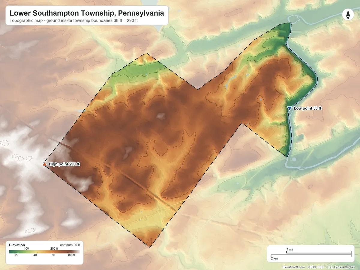 Topographic elevation map of Lower Southampton Township, Pennsylvania, shaded from 38 ft on the east side to 290 ft on the west side
