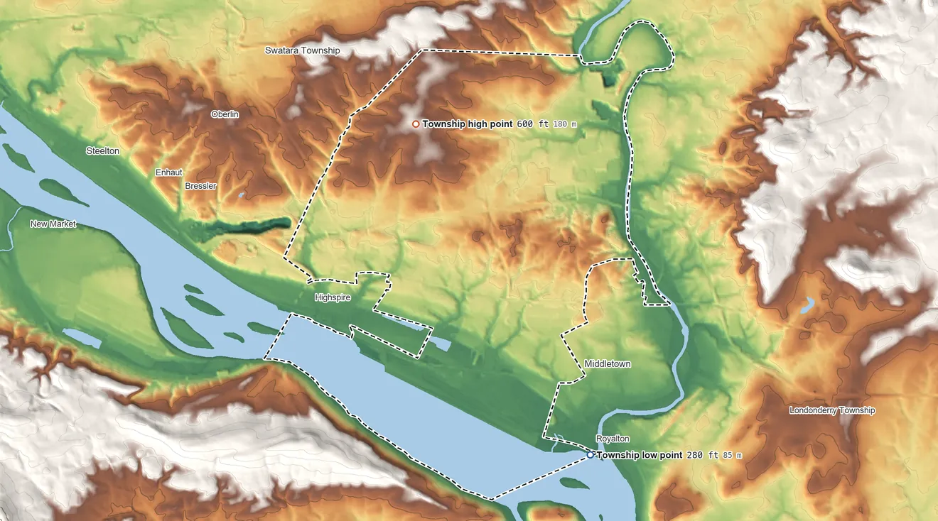 Topographic elevation map of Lower Swatara Township, Pennsylvania, shaded from 280 ft on the southeast side to 600 ft on the north side