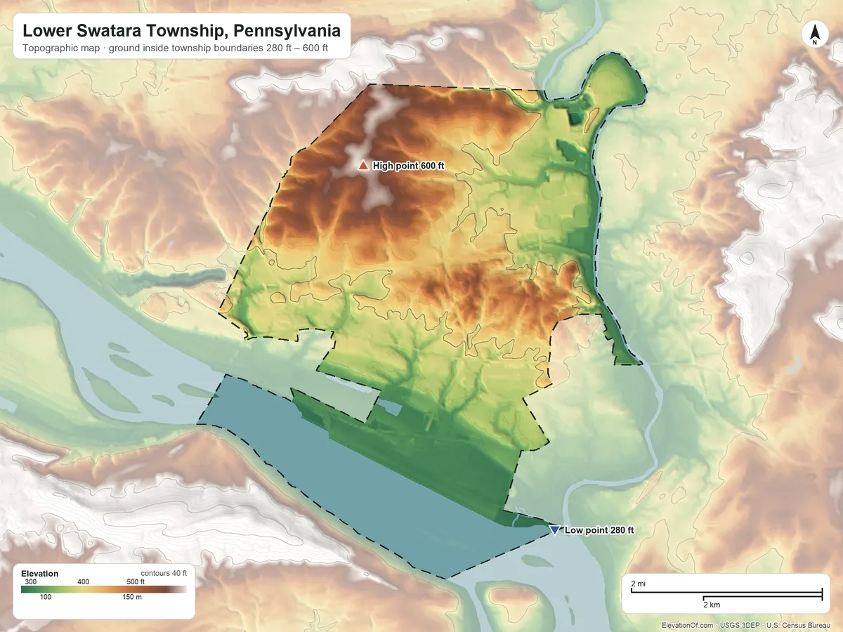 Topographic elevation map of Lower Swatara Township, Pennsylvania, shaded from 280 ft on the southeast side to 600 ft on the north side