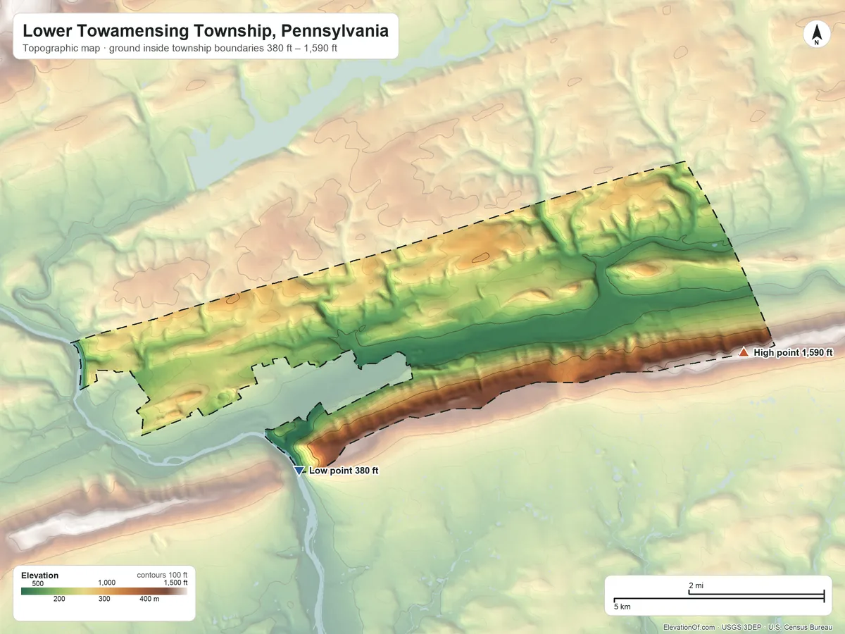Topographic elevation map of Lower Towamensing Township, Pennsylvania, shaded from 380 ft on the southwest side to 1,590 ft on the east side