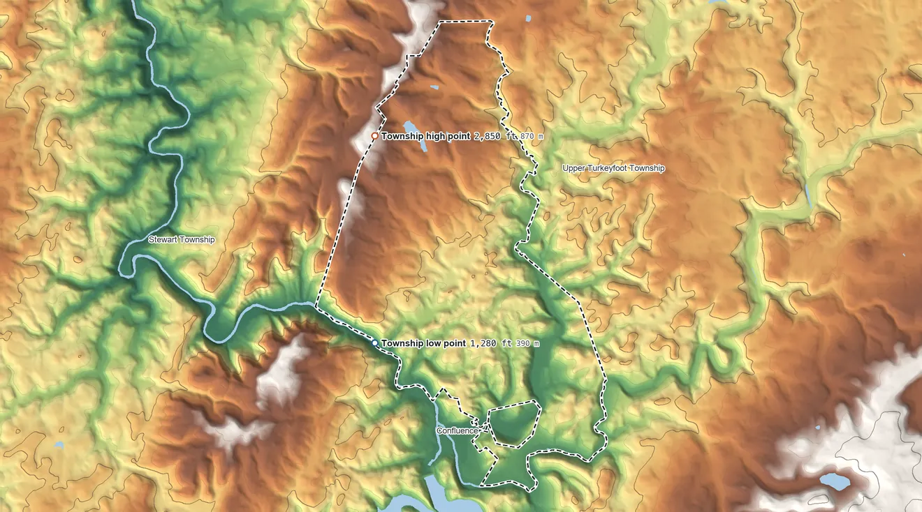 Topographic elevation map of Lower Turkeyfoot Township, Pennsylvania, shaded from 1,280 ft on the west side to 2,850 ft on the north side
