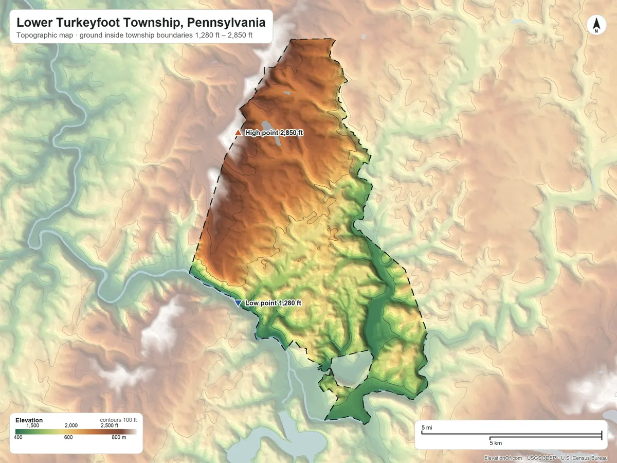Topographic elevation map of Lower Turkeyfoot Township, Pennsylvania, shaded from 1,280 ft on the west side to 2,850 ft on the north side