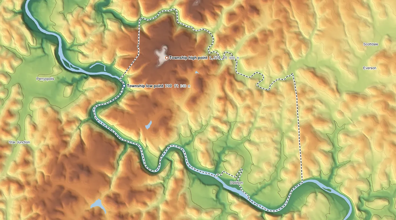 Topographic elevation map of Lower Tyrone Township, Pennsylvania, shaded from 790 ft on the west side to 1,570 ft on Fort Hill