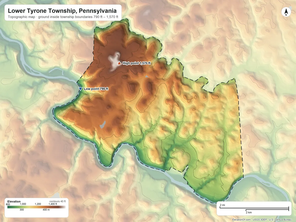 Topographic elevation map of Lower Tyrone Township, Pennsylvania, shaded from 790 ft on the west side to 1,570 ft on Fort Hill