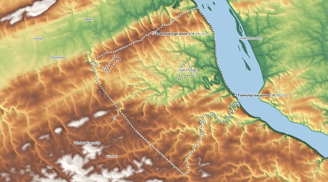 Topographic elevation map of Lower Windsor Township, Pennsylvania, shaded from 230 ft on the east side to 870 ft on Mount Pisgah