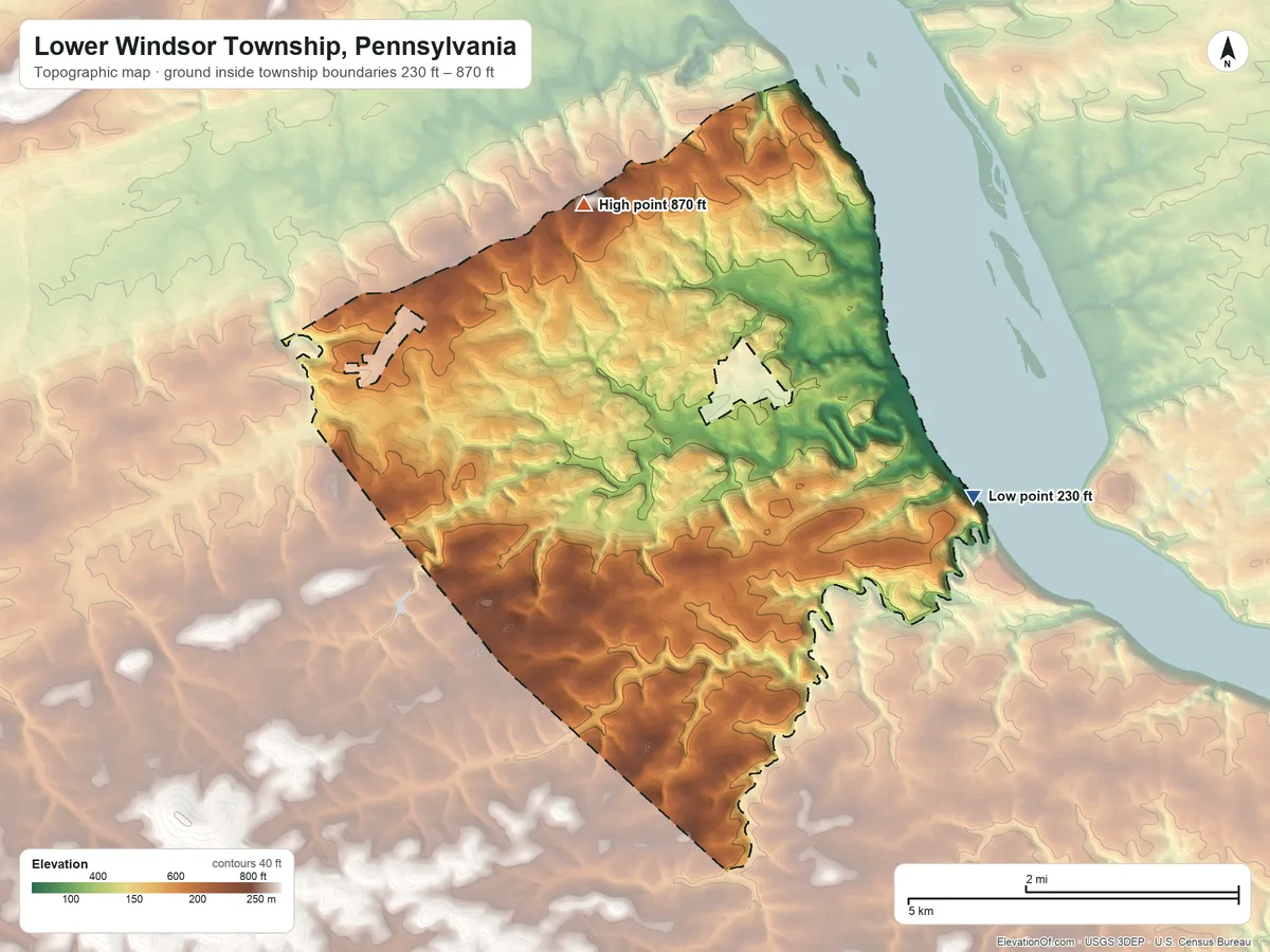 Topographic elevation map of Lower Windsor Township, Pennsylvania, shaded from 230 ft on the east side to 870 ft on Mount Pisgah