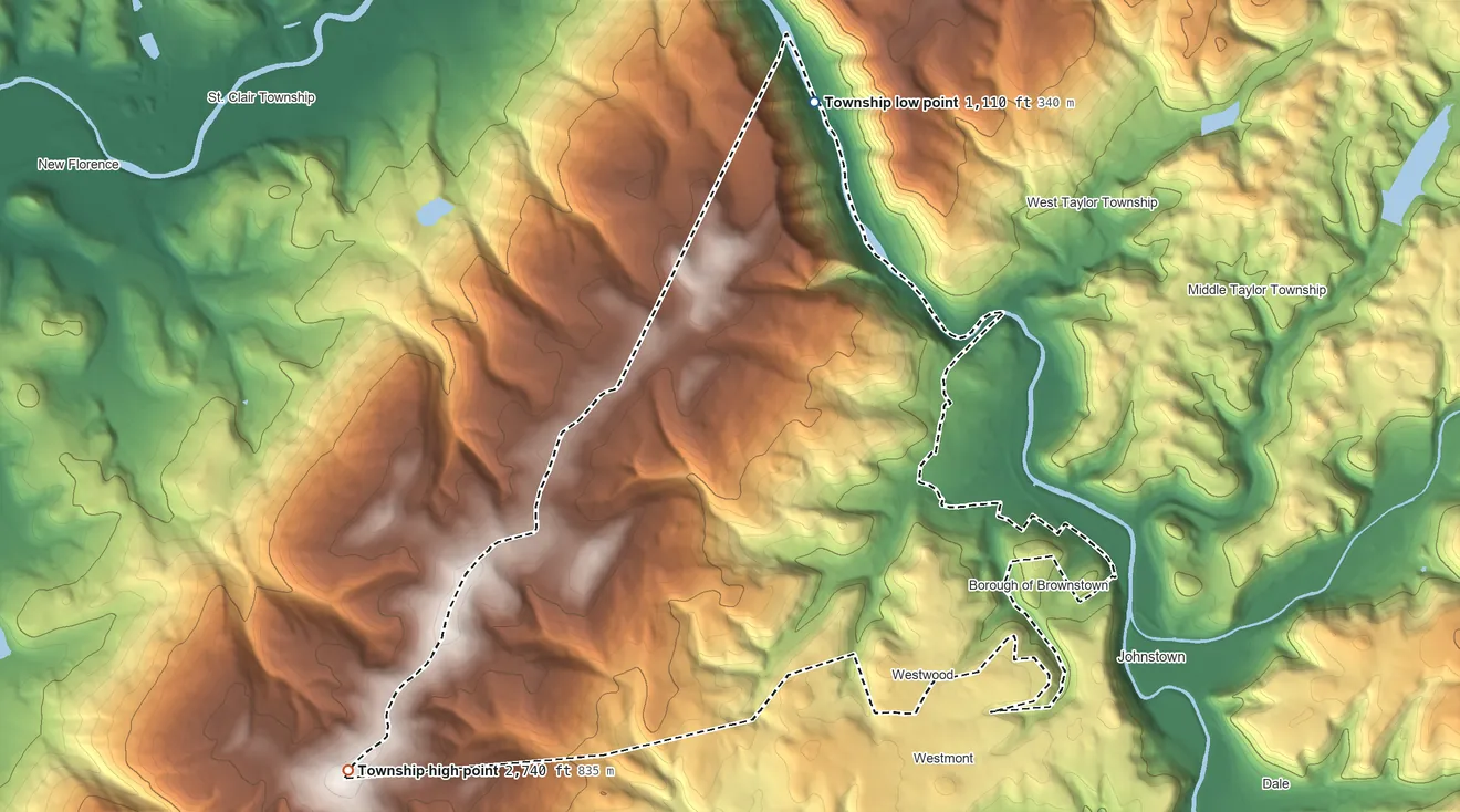 Topographic elevation map of Lower Yoder Township, Pennsylvania, shaded from 1,110 ft on the north side to 2,740 ft on the southwest side