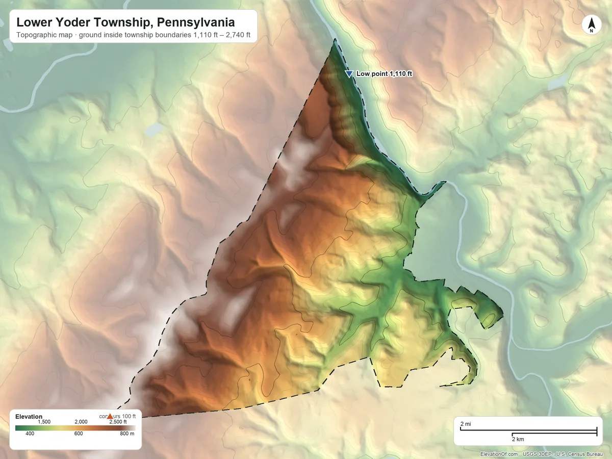 Topographic elevation map of Lower Yoder Township, Pennsylvania, shaded from 1,110 ft on the north side to 2,740 ft on the southwest side