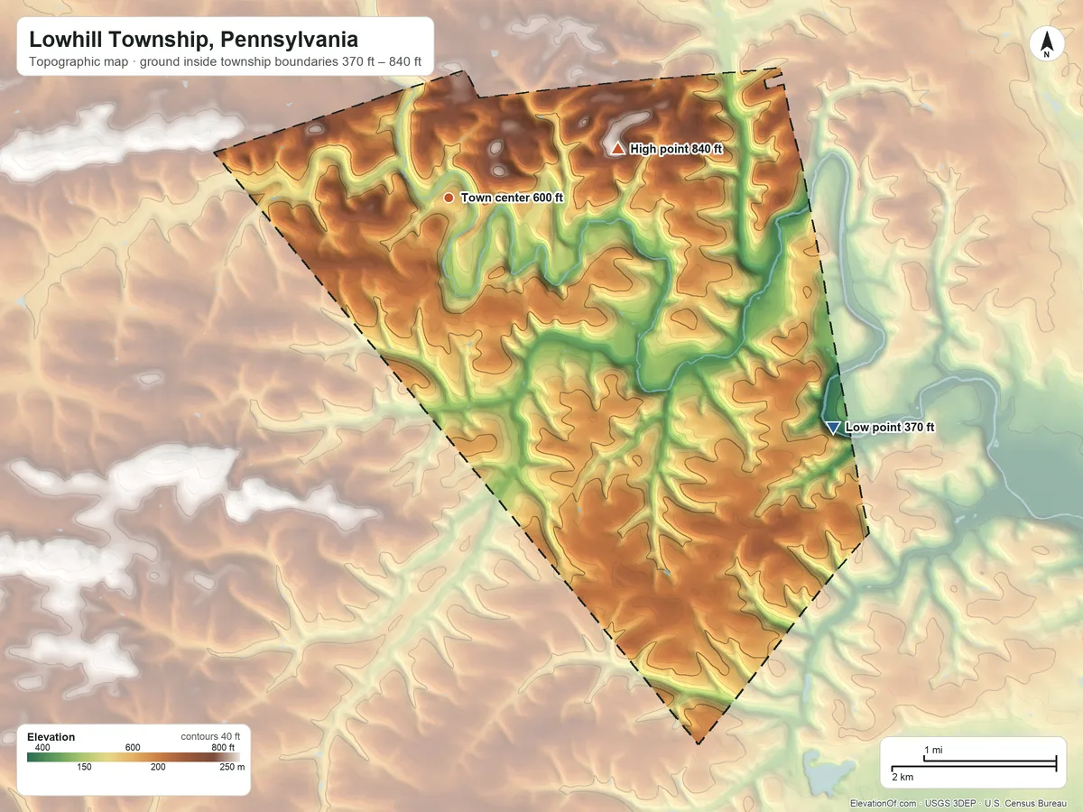 Topographic elevation map of Lowhill Township, Pennsylvania, shaded from 370 ft on the southeast side to 840 ft on the east side