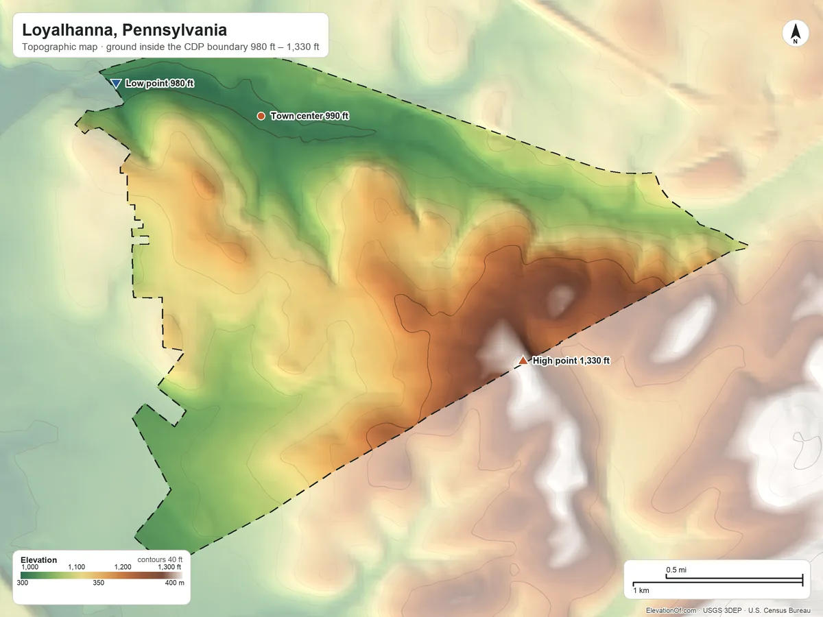 Topographic elevation map of Loyalhanna, Pennsylvania, shaded from 980 ft on the west side to 1,330 ft at the foot of the Laurel Hill
