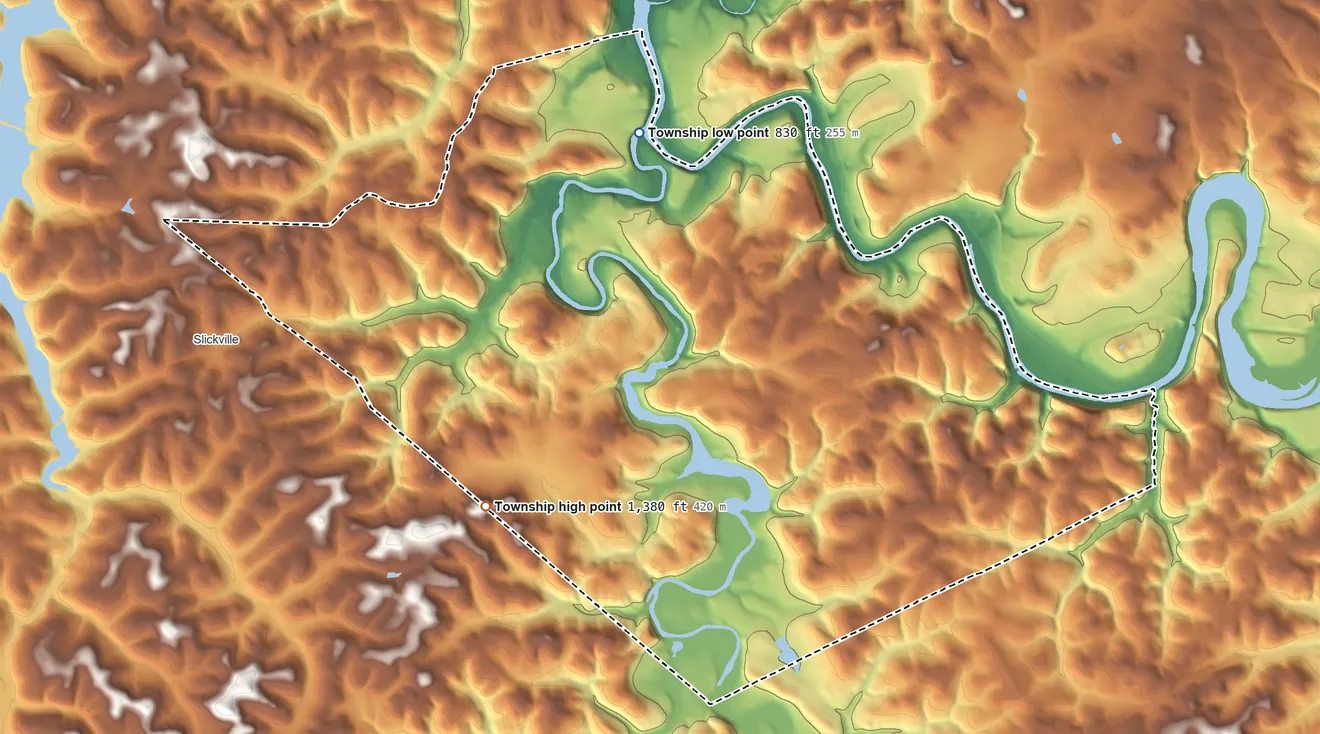 Topographic elevation map of Loyalhanna Township, Pennsylvania, shaded from 830 ft on the north side to 1,380 ft on the southwest side