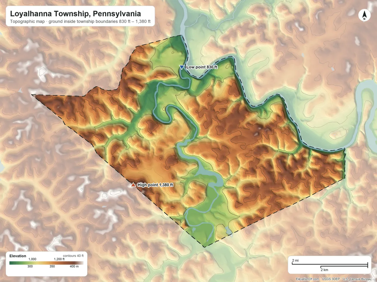 Topographic elevation map of Loyalhanna Township, Pennsylvania, shaded from 830 ft on the north side to 1,380 ft on the southwest side