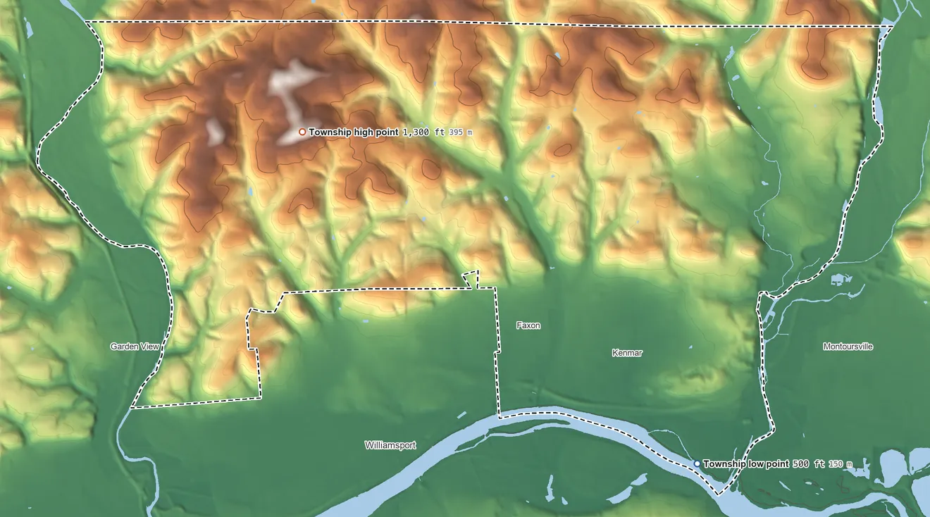 Topographic elevation map of Loyalsock Township, Pennsylvania, shaded from 500 ft on the southeast side to 1,300 ft on the northwest side