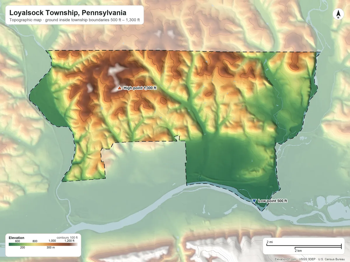 Topographic elevation map of Loyalsock Township, Pennsylvania, shaded from 500 ft on the southeast side to 1,300 ft on the northwest side