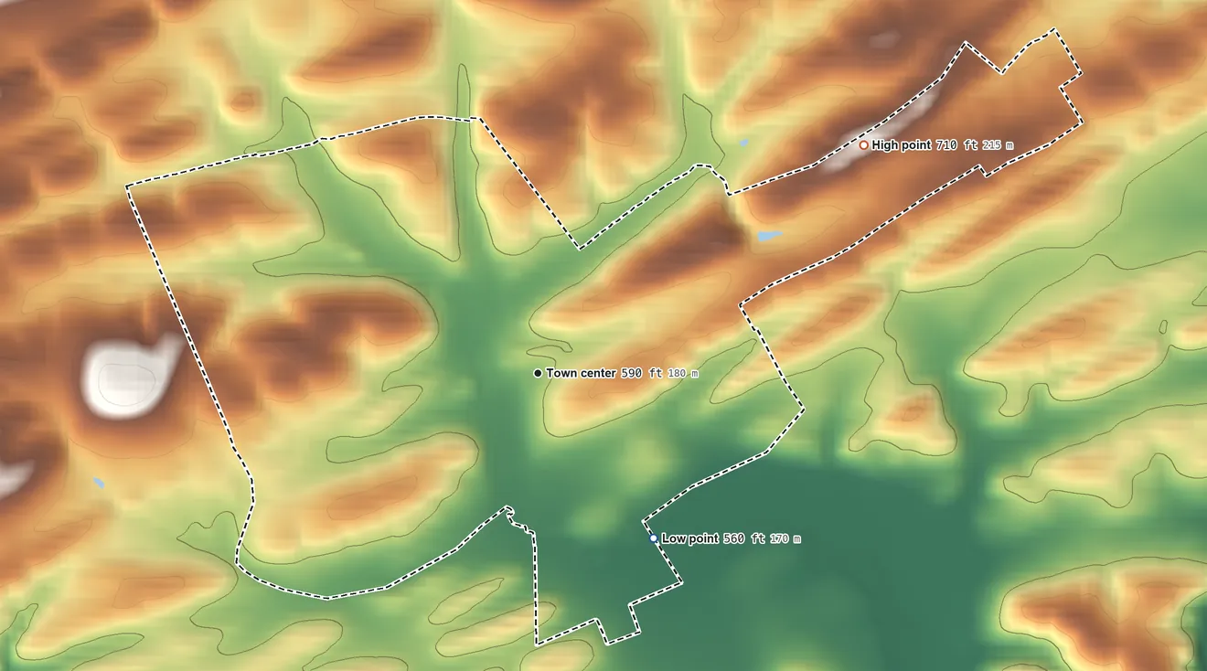 Topographic elevation map of Loysville, Pennsylvania, shaded from 560 ft on the southeast side to 710 ft at the foot of the Little Mountain