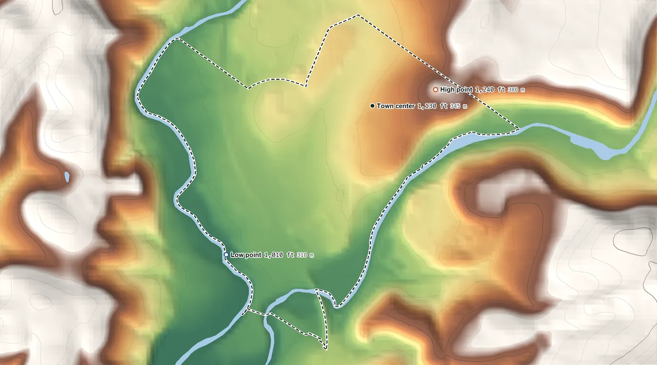Topographic elevation map of Lucerne Mines, Pennsylvania, shaded from 1,010 ft on the southwest side to 1,240 ft on the east edge, below higher ground just outside