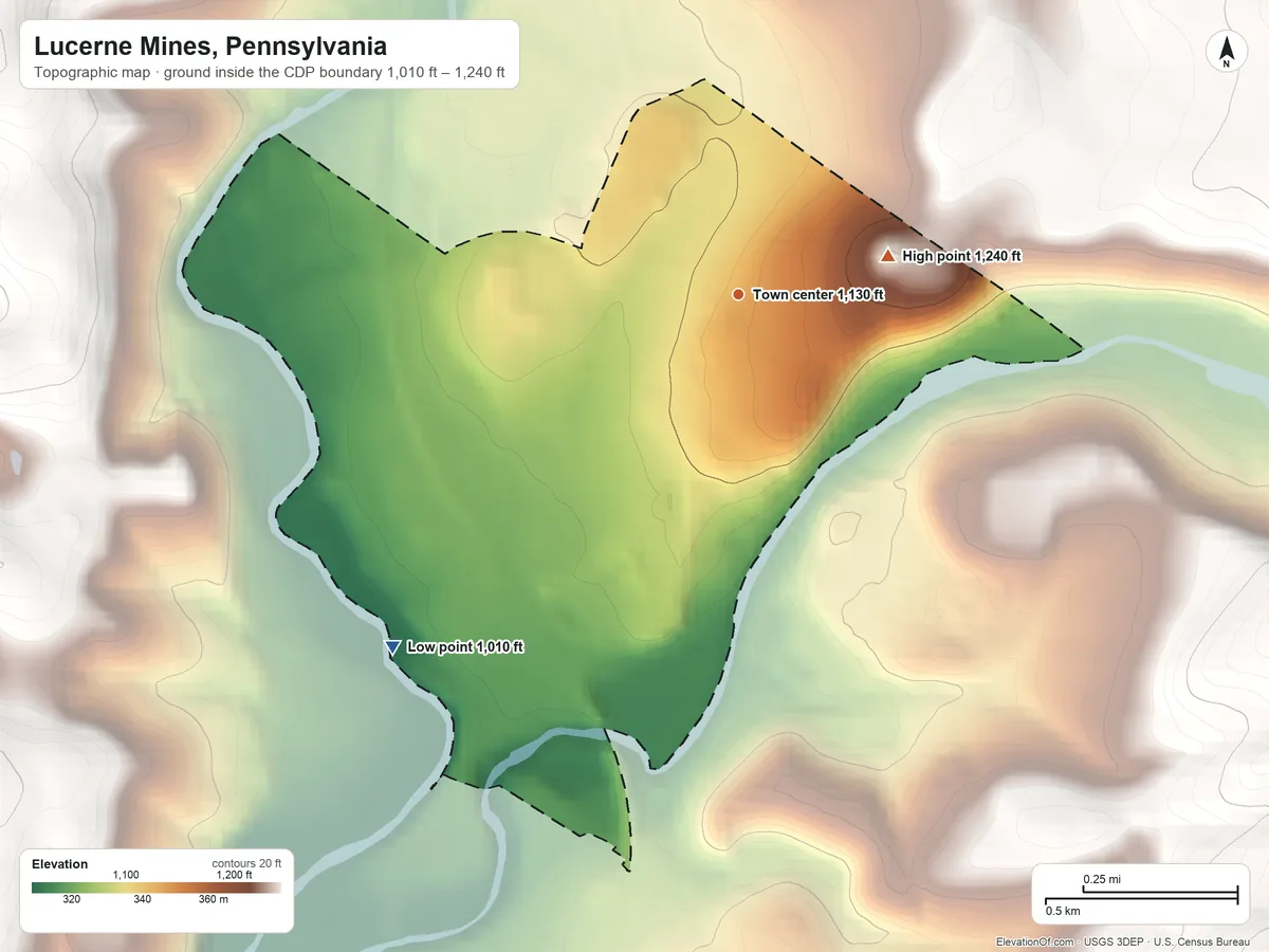 Topographic elevation map of Lucerne Mines, Pennsylvania, shaded from 1,010 ft on the southwest side to 1,240 ft on the east edge, below higher ground just outside