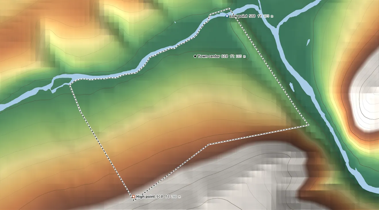 Topographic elevation map of Lumber City, Pennsylvania, shaded from 580 ft on the northeast side to 910 ft at the foot of the Jacks Mountain