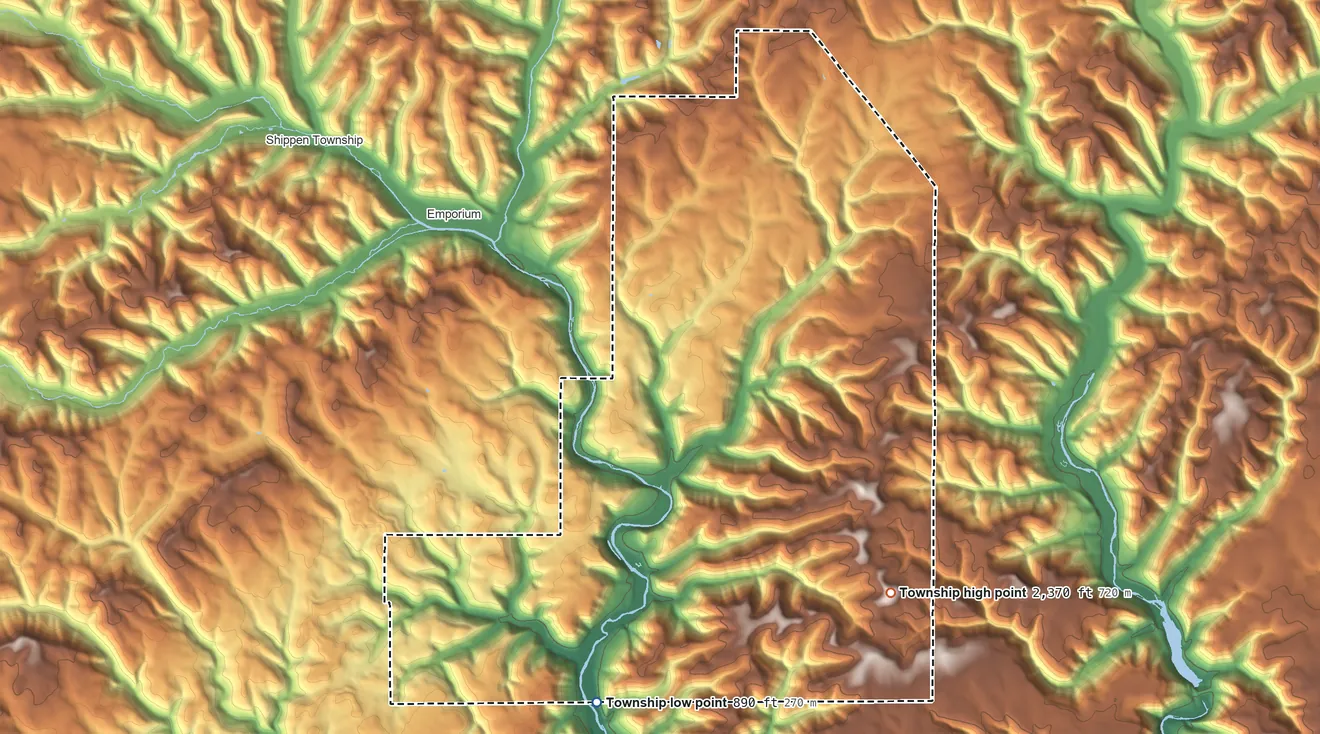 Topographic elevation map of Lumber Township, Pennsylvania, shaded from 890 ft on the south side to 2,370 ft on the east side
