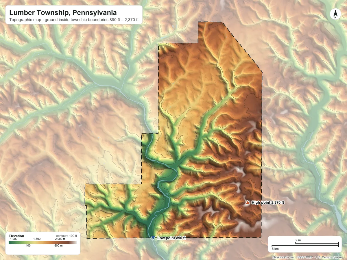 Topographic elevation map of Lumber Township, Pennsylvania, shaded from 890 ft on the south side to 2,370 ft on the east side