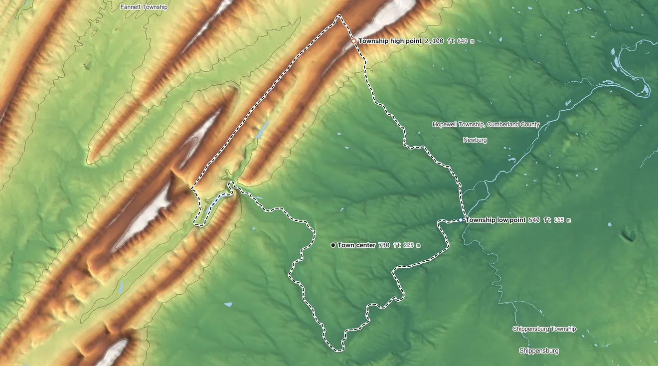 Topographic elevation map of Lurgan Township, Pennsylvania, shaded from 540 ft on the east side to 2,100 ft on the north side