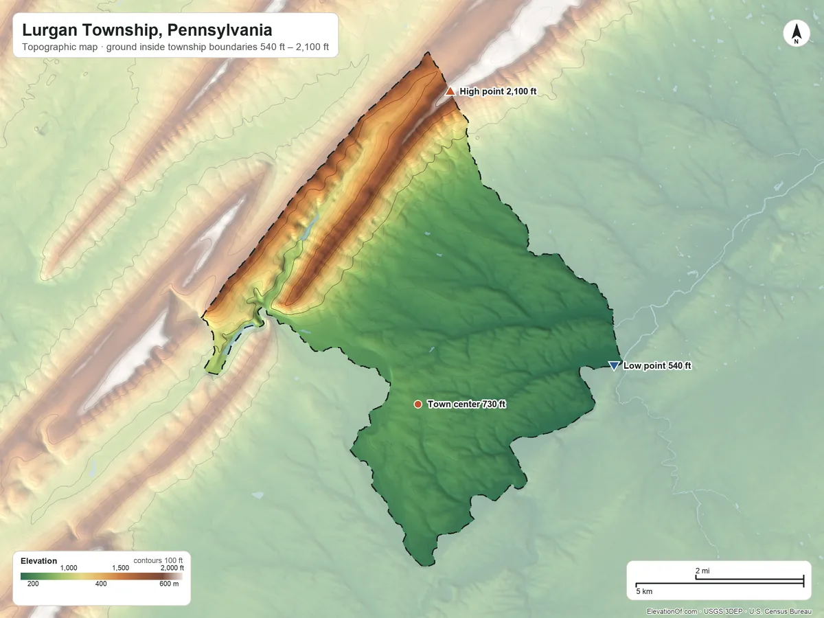 Topographic elevation map of Lurgan Township, Pennsylvania, shaded from 540 ft on the east side to 2,100 ft on the north side