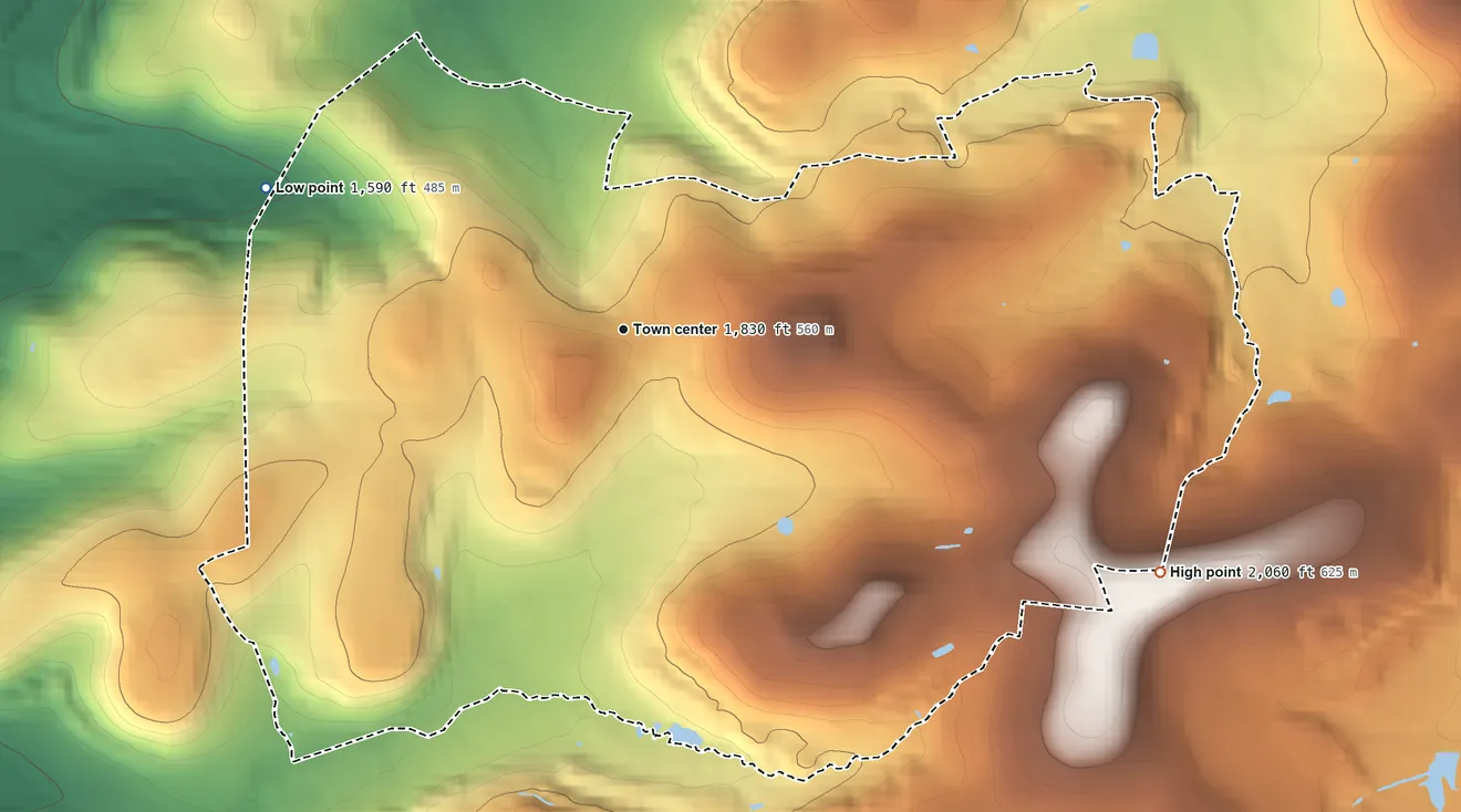 Topographic elevation map of Luthersburg, Pennsylvania, shaded from 1,590 ft on the west side to 2,060 ft on the southeast edge, below higher ground just outside